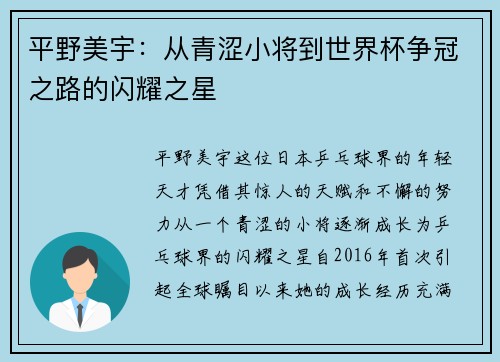 平野美宇：从青涩小将到世界杯争冠之路的闪耀之星